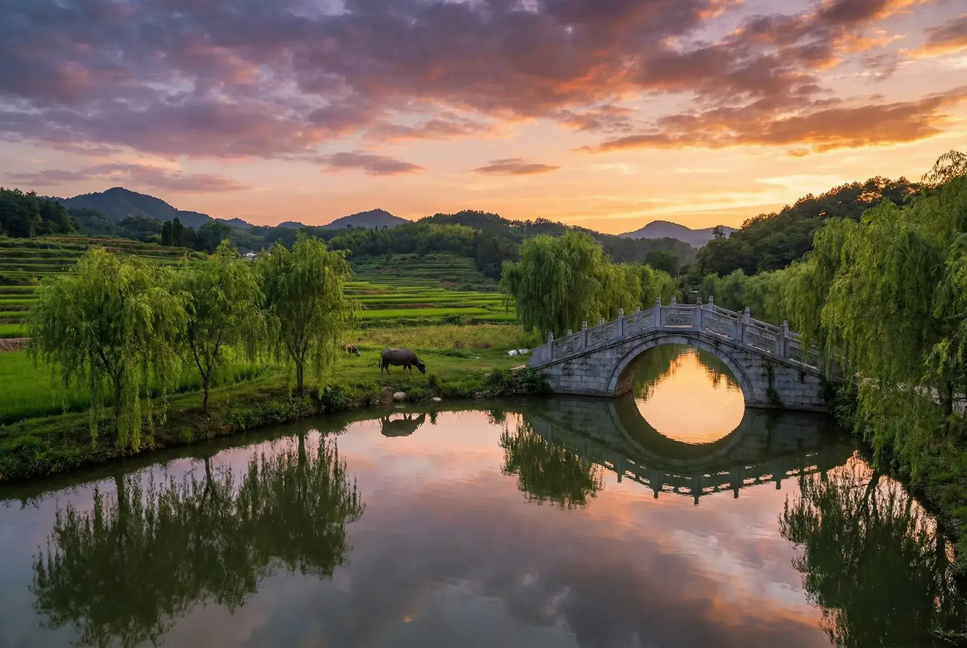 夕阳下的石拱桥与垂柳，水牛在河边吃草 - 久久视频 乡村美景