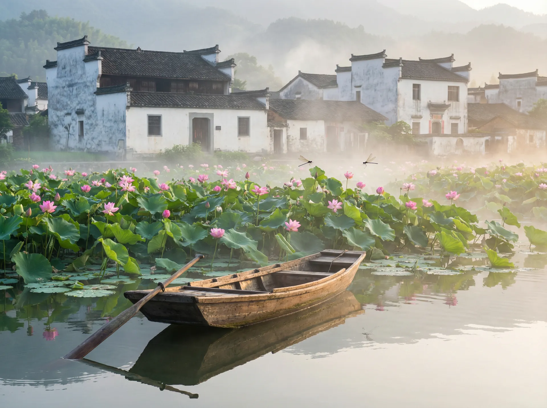 清晨荷塘小舟，粉色荷花盛开，白墙黑瓦的村庄 - 久久视频 水乡风情
